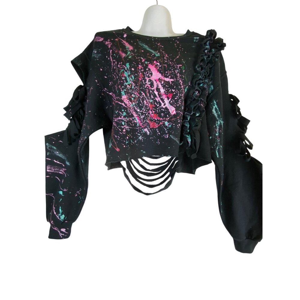Black Distressed Splatter Paint Cropped Sweatshirt Medium Shredded Punk Eighties